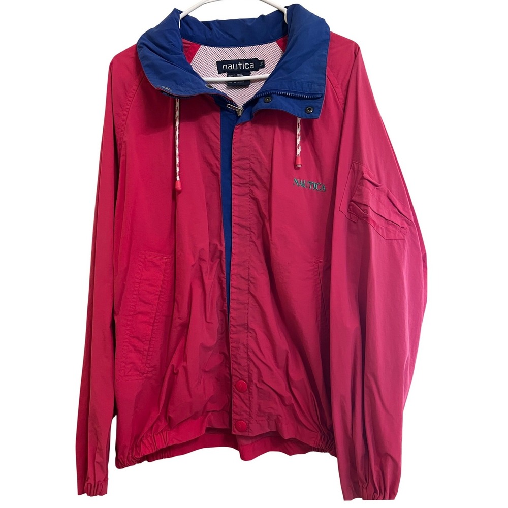 Nautica Windbreaker Jacket Large Pink Blue Vintage 90s Hooded Zip Up S9402